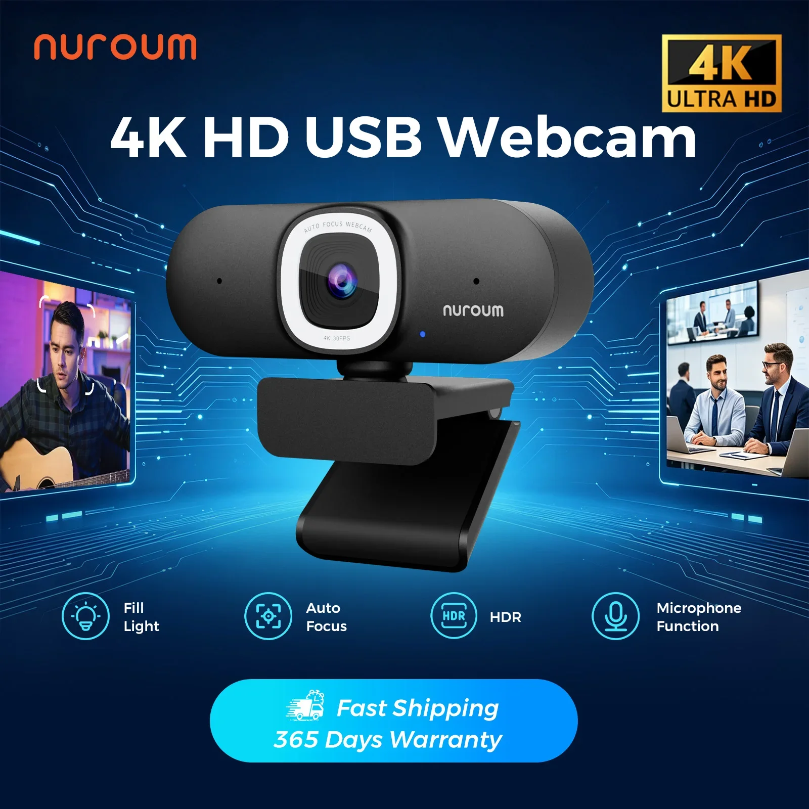 Webcam Ring Light - Webcam NUROUM V32AFL 4K avec micro,